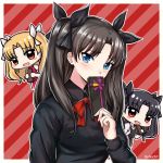  1girl artist_name black_bow black_shirt blue_eyes blush bow bowtie box brown_hair covering_mouth ereshkigal_(fate/grand_order) eyebrows_visible_through_hair fate_(series) hair_between_eyes hair_bow holding holding_box ishtar_(fate/grand_order) kelinch1 long_hair long_sleeves looking_at_viewer red_background red_bow red_neckwear shiny shiny_hair shirt solo striped striped_background tohsaka_rin twintails upper_body valentine 