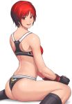  1girl ass back bare_shoulders bee black_panties breasts brown_eyes brown_hair bug dead_or_alive from_behind highres insect looking_back medium_breasts mila_(doa) multicolored_hair panties red_hair shigenobu short_hair simple_background smile solo sports_bra sportswear two-tone_hair underwear white_background 