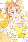  1girl arm_strap bangs blonde_hair blunt_bangs choker collarbone cure_twinkle dress earrings eyebrows_visible_through_hair gloves go!_princess_precure gradient_hair hair_intakes hand_on_hip highlights jewelry multicolored_hair pink_hair precure purple_eyes smile solo star star_earrings strapless strapless_dress white_background white_gloves yellow_dress yukinami_(paru26i) 