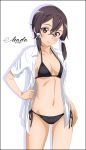  1girl artist_name asada_shino benjoerres bikini black_bikini black_eyes black_hair blush breasts character_name collarbone commentary english_commentary glasses hair_between_eyes hair_ornament hair_ribbon highres looking_at_viewer medium_breasts navel open_clothes open_shirt ribbon shirt short_hair side-tie_bikini sidelocks simple_background solo standing swimsuit sword_art_online white_background white_ribbon white_shirt 