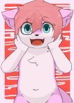  absurd_res anthro blue_eyes chest_tuft cub cute_fangs cynxie_(artist) domestic_cat excited felid feline felis fur hair hand_on_face hi_res looking_at_viewer male mammal navel naz_namaki_(cynxie) open_mouth pink_fur red_hair simple_background solo tuft white_fur young 
