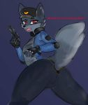  absurd_res butt butt_pose canid canine female fox furgonomics gun hat hi_res kingdoujin mammal ranged_weapon red_eyes solo weapon 
