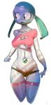  blue_hair breasts cleavage clothed clothing female grey_skin hair humanoid jenny_wakeman legwear looking_aside machine midriff musikalgenius my_life_as_a_teenage_robot nickelodeon not_furry open_mouth robot shorts simple_background skimpy solo standing thigh_gap thigh_highs thong under_boob white_background 