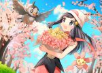  1girl :d black_hair black_shirt blue_eyes blue_sky blurry blurry_background bouquet cloud creatures_(company) day floating_hair flower game_freak hair_ornament hairclip hat hikari_(pokemon) holding holding_bouquet long_hair nintendo open_mouth outdoors petals pink_flower pink_skirt poke_ball_print pokemon pokemon_(game) pokemon_dppt print_hat red_scarf scarf shirt skirt sky sleeveless sleeveless_shirt smile solo standing white_headwear yellow_flower yuhi_(hssh_6) 