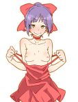  1girl bow breasts chiwa_(chi_wa13) choker dress female gegege_no_kitarou hair_bow highres looking_at_viewer nekomusume nipples pointy_ears ponytail purple_hair simple_background smile solo undressing white_background yellow_eyes 