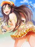  1girl :d bare_shoulders bead_bracelet beads bike_shorts black_hair blue_sky blurry blurry_background bracelet breasts cloud day fangs green_eyes hair_between_eyes hair_ornament hairclip hat hat_ornament himekawa_yuki holding idolmaster idolmaster_cinderella_girls jewelry kakitsubata_zero legs_apart long_hair medium_breasts miniskirt open_mouth outdoors shorts shorts_under_skirt skirt sky smile solo star star_print teeth translation_request white_skirt 