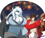  &lt;3 anthro big_breasts big_bulge breasts bulge canid canine duo eating female fireworks food fox gin-blade hi_res male mammal overweight overweight_female pubes standing 