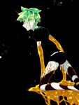  1other androgynous black_background colored_eyelashes crack cracked crystal_hair determined gem_uniform_(houseki_no_kuni) gold golden_arms green_eyes green_hair houseki_no_kuni maccha_ringo melting phosphophyllite solo tears white_skin 