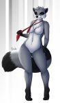  2019 absurd_res anthro black_nose breasts claws digital_media_(artwork) drako1997 eyelashes featureless_breasts featureless_crotch female gloves_(marking) grey_eyes hi_res looking_at_viewer mammal markings navel necktie procyonid raccoon signature smile socks_(marking) solo thick_thighs toe_claws tuft wide_hips 