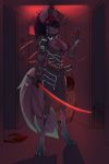  2019 absurd_res anthro blood breasts chapaevv clothed clothing digital_media_(artwork) equid equine fan_character female fur hair hi_res holding_object holding_weapon horse katana looking_at_viewer mammal melee_weapon my_little_pony nipples pony pussy solo standing sword teeth weapon 