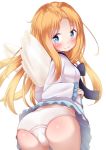  1girl angel_wings ass bangs blonde_hair blue_bow blue_eyes blush bow breasts closed_mouth commentary_request dress dress_lift eyebrows_visible_through_hair firo_(tate_no_yuusha_no_nariagari) forehead highres lifted_by_self long_hair long_sleeves looking_at_viewer looking_back mini_wings mochiyuki panties parted_bangs simple_background sleeves_past_wrists small_breasts smile solo tate_no_yuusha_no_nariagari underwear very_long_hair white_background white_dress white_panties white_wings wings 