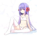  1girl bangs blush bow bow_bra bow_panties bra eyebrows_visible_through_hair full_body hair_bow hatsunatsu knee_up long_hair looking_at_viewer no_shoes original panties parted_lips purple_eyes purple_hair red_bow shadow signature sitting solo thighhighs underwear very_long_hair white_bra white_legwear white_panties 