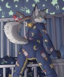  anthro bed canid canine canis clothing crib diaper digital_media_(artwork) domestic_dog foxehhyz furgonomics hi_res infantilism looking_at_viewer looking_back male mammal onesie pacifier pajamas smile solo 
