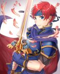  1boy blue_cape blue_eyes blue_gloves blue_headband cape fingerless_gloves fire_emblem fire_emblem:_fuuin_no_tsurugi gloves haru_(nakajou-28) holding holding_sword holding_weapon male_focus nintendo red_hair roy_(fire_emblem) shiny shiny_hair short_hair short_sleeves shoulder_armor smile solo spaulders sword weapon 