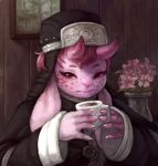  anthro bovid caprine clothed clothing crookedtrees cup digital_media_(artwork) freckles fully_clothed fur goat hair half-closed_eyes horn looking_at_viewer mammal pink_fur pink_hair solo 