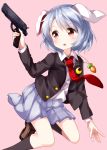  1girl animal_ears bangs black_legwear blazer blush brown_footwear bunny_ears carrot_necklace commentary_request crescent crescent_moon_pin eyebrows_visible_through_hair feet_out_of_frame grey_skirt gun hand_up handgun highres holding holding_gun holding_weapon jacket kneehighs loafers long_sleeves miniskirt necktie open_mouth pink_background pistol pleated_skirt red_eyes red_neckwear reisen ruu_(tksymkw) shirt shoes short_hair silver_hair simple_background skirt solo thighs touhou weapon white_shirt 