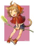  1girl :d ahoge animal_ears brown_hair capelet cat_ears cat_tail fang female kiitos open_mouth original shoes short_hair shorts smile sneakers solo tail twitter_username 