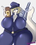  absurd_res anthro big_breasts bionic_arm breasts canid canine clothed clothing female gin-blade gun handgun hi_res huge_breasts looking_at_viewer mammal overweight overweight_female pistol police_uniform ranged_weapon small_head solo standing uniform weapon 