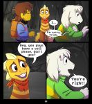  absolutedream asriel_dreemurr backpack boss_monster bovid caprine child comic dialogue english_text hi_res human lizard mammal monster_kid protagonist_(undertale) reptile scalie scarf text undertale video_games wet young 