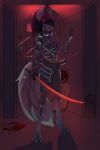  2019 absurd_res anthro blood breasts chapaevv cleavage clothed clothing digital_media_(artwork) equid equine fan_character female fur hair hi_res holding_object holding_weapon horse katana looking_at_viewer mammal melee_weapon my_little_pony pony solo standing sword teeth weapon 