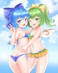  2girls :d ass bangs bare_arms bare_shoulders bikini blue_bikini blue_bow blue_eyes blue_hair blue_sky blush bow breasts bushi_(1622035441) cirno cloud cowboy_shot daiyousei day eyebrows_visible_through_hair fairy_wings from_behind green_bikini groin hair_between_eyes hair_bow hand_up highres looking_back multiple_girls navel open_mouth outdoors ribbon short_hair sky small_breasts smile standing stomach swimsuit thighs touhou v wings yellow_bow yellow_ribbon 