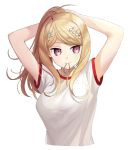  1girl ahoge akamatsu_kaede arms_behind_head bangs blonde_hair breasts danganronpa dot_nose eighth_note eyebrows_visible_through_hair hair_ornament highres in_mouth large_breasts long_hair looking_to_the_side musical_note musical_note_hair_ornament new_danganronpa_v3 ponytail purple_eyes shirt short_sleeves simple_background solo sportswear ssumbi white_background white_shirt 