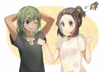  1boy 1girl ;d alternate_hairstyle arms_behind_head bangs blue_eyes blush brown_hair clenched_hand collarbone creatures_(company) dark_skin game_freak green_hair hau_(pokemon) mizuki_(pokemon) nintendo one_eye_closed open_mouth pokemon pokemon_(game) pokemon_sm print_shirt shirt short_hair short_ponytail short_sleeves simple_background smile swept_bangs white_background white_shirt yuhi_(hssh_6) 