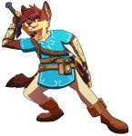  anthro belt boots canid canine clothed clothing cosplay footwear fox fully_clothed male mammal master_sword melee_weapon nintendo pants purple_eyes sheikah_slate simple_background smile solo standing sword the_legend_of_zelda tunic video_games weapon white_background 