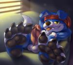  2018 4_toes anthro armpit_hair balls bandanna barefoot canid canine chest_tuft digimon digimon_(species) digital_media_(artwork) erection feet foot_focus front_view gaomon grin hi_res hindpaw male mammal naughty_face nude one_eye_closed pawpads paws penis presenting rad-lizer shaded smile soles solo toes tongue tongue_out tuft wink 