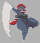  2019 3_toes angry anthro belly big_breasts bottomless breasts claws clothed clothing crop_top eyelashes fangs female huge_breasts hyper_thighs motion_lines navel nintendo open_mouth partially_clothed pok&eacute;mon pok&eacute;mon_(species) red_eyes shirt slightly_chubby solo sweat teeth toe_claws toes tongue vammzu video_games weavile wide_hips 