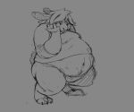  anthro belly big_belly bottomless chubby_cheeks claws clothed clothing fur grey_background greyscale hair hand_on_cheek lagomorph male mammal monochrome moobs navel obese obese_male overweight overweight_male rabbit rumash simple_background solo standing thick_thighs toe_claws 