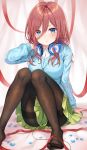  1girl :t absurdres arm_support ass bangs blue_cardigan blue_eyes blush breasts brown_legwear button_gap buttons cable closed_mouth collared_shirt feet fine_fabric_emphasis go-toubun_no_hanayome green_skirt hair_between_eyes hand_up headphones headphones_around_neck highres knees_together_feet_apart knees_up light_particles long_hair looking_at_viewer medium_breasts miniskirt nakano_miku no_shoes pantyhose pleated_skirt pout red_hair red_ribbon ribbon school_uniform shirt sidelocks sitting skirt solo thighband_pantyhose tokkyu_(user_mwwe3558) undershirt v-shaped_eyebrows white_shirt 