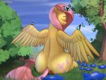  2019 anus arthropod butterfly cutie_mark equid equine eyes_closed feathered_wings feathers female feral fluttershy_(mlp) friendship_is_magic hi_res insect lepidopteran mammal mercurial64 my_little_pony outside pterippus sitting spread_wings subtle_anus tree wings 