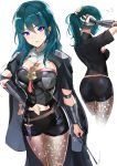  &gt;:( 1girl adjusting_hair anger_vein aqua_hair arm_at_side armor arms_up ass bangs black_shorts blue_eyes blush breasts brown_legwear byleth cape cleavage closed_mouth dagger eyebrows_visible_through_hair fire_emblem fire_emblem:_fuukasetsugetsu from_behind gloves hairdressing hand_on_hip highres holding looking_at_viewer medium_breasts midriff_peek multiple_views navel nintendo ormille pauldrons pointer ponytail short_sleeves shorts shoulder_armor simple_background sketch tassel tattoo tying_hair vambraces weapon white_background 