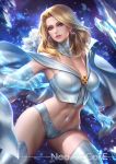  1girl armpits artist_name bare_shoulders blonde_hair blue_eyes breasts cleavage commentary cowboy_shot crop_top detached_collar earrings elbow_gloves emma_frost english_commentary eyebrows_visible_through_hair forehead freckles gloves head_tilt jewelry looking_at_viewer magic marvel medium_breasts medium_hair mole mole_under_mouth navel navel_piercing nudtawut_thongmai paid_reward parted_lips patreon_reward patreon_username piercing pink_lips skindentation smile solo stomach thighhighs toned white_gloves white_legwear x-men 