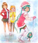  3girls bangs black_legwear black_skirt blonde_hair blue_hair brown_eyes brown_hair clenched_teeth fur-trimmed_sleeves fur_trim gloves green_eyes green_skirt hair_ribbon hairband hand_on_hip hat hatsune_miku highres hood hood_down ice_skating jacket kagamine_rin long_hair long_sleeves looking_at_viewer marker_(medium) mayo_riyo meiko miniskirt multiple_girls open_clothes open_jacket outdoors pantyhose pleated_skirt red_gloves red_headwear red_jacket red_ribbon ribbon santa_hat scarf short_hair skating skirt standing striped striped_skirt sweater swept_bangs teeth thighhighs traditional_media turtleneck turtleneck_sweater twintails very_long_hair vocaloid white_hairband white_legwear white_sleeves white_sweater yellow_sweater zettai_ryouiki 