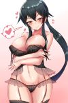  1girl 51_(akiduki) alternate_costume black_hair blush breasts closed_mouth gradient gradient_background hair_between_eyes heart highres kantai_collection large_breasts long_hair navel ponytail red_eyes sidelocks sleepwear smile solo yahagi_(kantai_collection) 