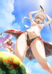  2girls adapted_costume ball bangs beachball bikini blindfold bokken breasts day fate/grand_order fate_(series) food from_below fruit highres holding holding_ball holding_sword holding_weapon long_hair medium_breasts multiple_girls navel parted_bangs penthesilea_(fate/grand_order) purple_eyes purple_hair sidelocks sky swimsuit sword very_long_hair watermelon weapon wei_yu white_blindfold white_hair wooden_sword wu_zetian_(fate/grand_order) yellow_eyes 