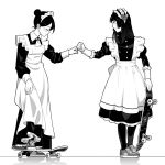  2girls apron commentary_request dress eyes_closed fist_bump frills full_body greyscale hair_bun holding holding_skateboard long_dress long_sleeves looking_at_another maid maid_apron maid_headdress monochrome multiple_girls original shoes simple_background skateboard sneakers standing suzushiro_(suzushiro333) white_background 