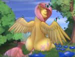  2019 arthropod butterfly cutie_mark equid equine eyes_closed feathered_wings feathers female feral fluttershy_(mlp) friendship_is_magic hi_res insect lepidopteran mammal mercurial64 my_little_pony outside pterippus sitting spread_wings tree wings 