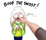  5_fingers asriel_dreemurr blush boop bovid caprine clothing disembodied_hand english_text eyes_closed fur goat human jeans male mammal open_mouth pants simple_background striped_shirt text tongue undertale video_games white_background white_fur 