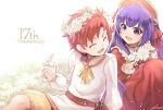  1boy 1girl blue_eyes blue_hair blush couple dress eyes_closed fire_emblem fire_emblem:_fuuin_no_tsurugi flower lilina long_hair nakabayashi_zun nintendo open_mouth red_hair roy_(fire_emblem) short_hair simple_background smile younger 