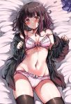  1girl bangs bed_sheet blush borrowed_character bra breasts brown_eyes brown_hair brown_legwear closed_mouth eyebrows_visible_through_hair groin hands_up highres hood hooded_jacket jacket line_(naver) long_sleeves looking_at_viewer medium_breasts medium_hair menhera navel off_shoulder original panties pink_bra pink_panties ribbon-trimmed_bra ribbon-trimmed_panties sak_(lemondisk) shirt sidelocks signature skirt skirt_removed sleeves_past_wrists solo stomach strap_slip sweat thighhighs underwear 