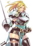  1girl armor belt black_gloves black_legwear blonde_hair blue_eyes breastplate breasts charlotte_christine_de_colde cowboy_shot dated gloves hand_on_sheath holding holding_sword holding_weapon long_hair looking_at_viewer pauldrons rapier samurai_spirits sata_furi sheath simple_background snk solo standing sword thighhighs weapon white_background 