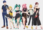  2boys 4girls bangs bare_shoulders belt black_footwear black_pants blonde_hair blue_eyes blunt_bangs blush bow breasts brown_eyes brown_footwear brown_hair closed_mouth dress dress_bow eyebrows_visible_through_hair eyewear_removed full_body green_eyes green_footwear green_hair grey_pants hand_in_pocket hatsune_miku kagamine_len kagamine_rin kaito kamo_kamen long_hair long_sleeves looking_at_viewer megurine_luka meiko multiple_boys multiple_girls open_mouth pants parted_bangs pink_hair pleated_dress purple_hair red_footwear shirt short_hair short_sleeves simple_background standing striped striped_shirt sunglasses vocaloid white_belt yellow_bow yellow_footwear 