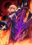  1girl absurdres artoria_pendragon_(all) blonde_hair braided_bun breasts cleavage dark_excalibur eyebrows_visible_through_hair fate/stay_night fate_(series) floating_hair highres holding holding_sword holding_weapon kuro_(ning2763) long_skirt long_sleeves looking_at_viewer medium_breasts outstretched_hand parted_lips pixiv_fate/grand_order_contest_2 print_shirt print_sleeves purple_shirt purple_skirt purple_sleeves saber_alter shirt shrug_(clothing) sideboob skirt sleeveless sleeveless_shirt smile solo standing sword weapon wide_sleeves yellow_eyes 