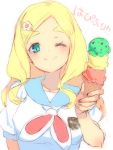  1girl aqua_eyes bangs blonde_hair blush closed_mouth commentary copyright_name flower food hair_flower hair_ornament hairclip harohapi!_shinonome_megu-chan_no_oheya holding holding_food ice_cream_cone izumi_sai long_hair looking_at_viewer one_eye_closed parted_bangs sailor_collar shinonome_megu shirt short_sleeves sketch smile solo upper_body virtual_youtuber white_shirt 