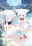  2girls animal_ears black_collar blush breasts collar eyes_closed hair_between_eyes highres izumi_sai large_breasts leaf long_hair maple_leaf multiple_girls nude onsen open_mouth original outdoors partially_submerged red_eyes rock short_hair smile steam tail twilight_(izumi_sai) water white_hair 