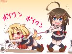  2girls ahoge bag blonde_hair blue_eyes blue_legwear blue_serafuku blue_skirt braided_ponytail brown_footwear brown_hair chibi commentary_request dated dog_tail enemy_naval_mine_(kantai_collection) fang fingerless_gloves flying_sweatdrops gloves gradient gradient_background hair_flaps hair_ornament huge_ahoge kantai_collection kneehighs knees_together leash leash_pull long_hair looking_at_another looking_to_the_side miccheru microskirt midriff motion_lines multiple_girls neckerchief open_mouth orange_background outstretched_arm reaching red_eyes red_neckwear shadow shigure_(kantai_collection) shopping_bag short_hair short_sleeves simple_background skirt standing tail tail_wagging translation_request twitter_username very_long_hair wavy_mouth yuudachi_(kantai_collection) 
