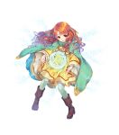  1girl boots bow cape child curly_hair dress fire_emblem fire_emblem:_akatsuki_no_megami fire_emblem_heroes full_body hair_ornament highres long_hair magic miwabe_sakura nintendo official_art open_mouth orange_hair red_eyes solo sparkle yune 